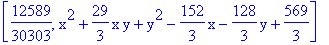 [12589/30303, x^2+29/3*x*y+y^2-152/3*x-128/3*y+569/3]